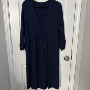 Lands End Knit Dress Womens Size 2X (20W-22W) Navy Blue 3/4 Sleeve Cross Front